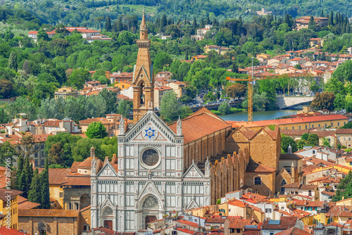 Above view of Basilica of Santa Croce (Basilica di Santa Croce di Firenze) on Holy Cross Square (Piazza di Santa Croce) in Florence. Italy.