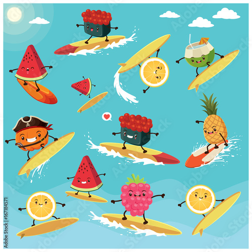 Vintage summer poster design with vector sushi, fruit  & food surfer. 