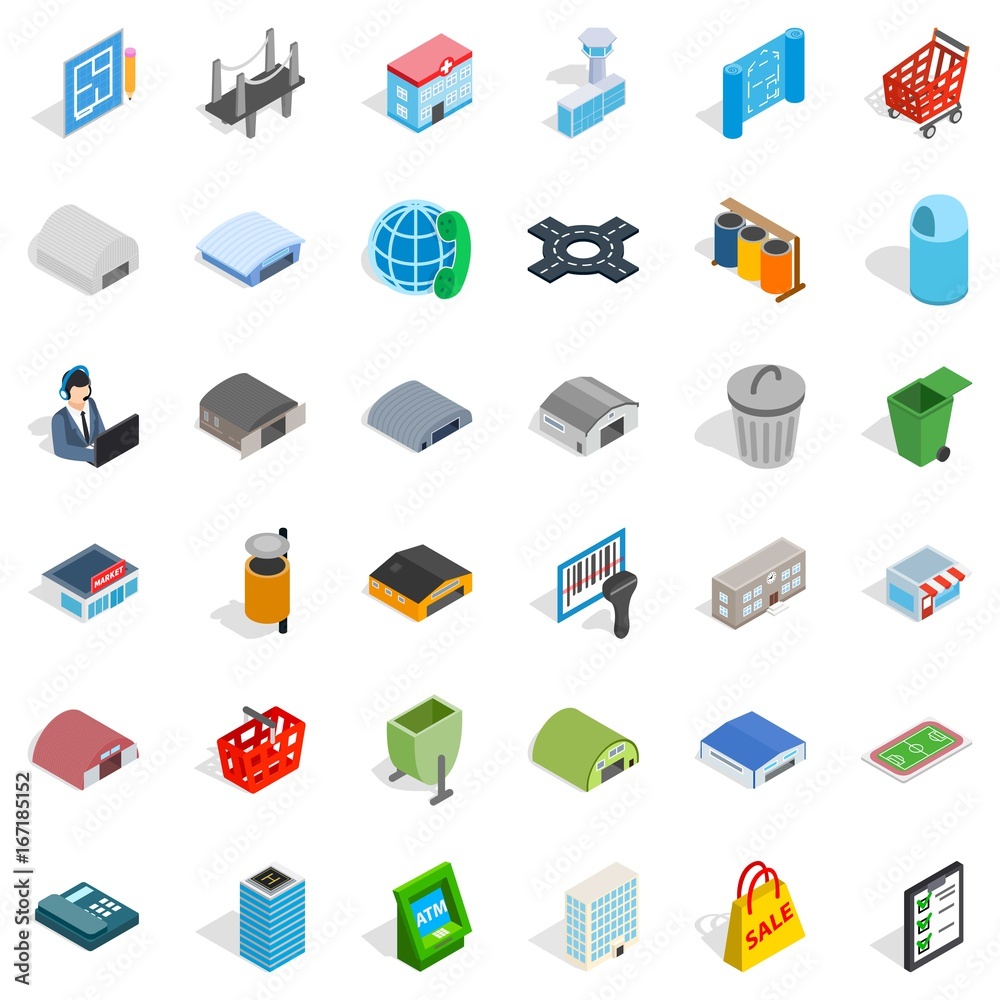 Town icons set, isometric style