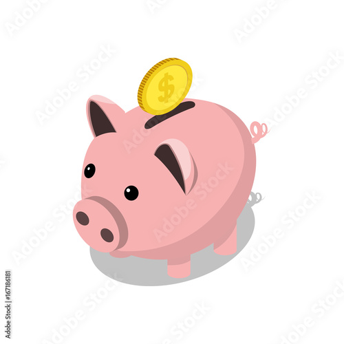 Piggy bank and gold coin isometric vector