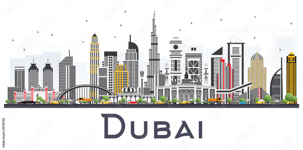 Dubai UAE Skyline with Gray Buildings Isolated on White Background.