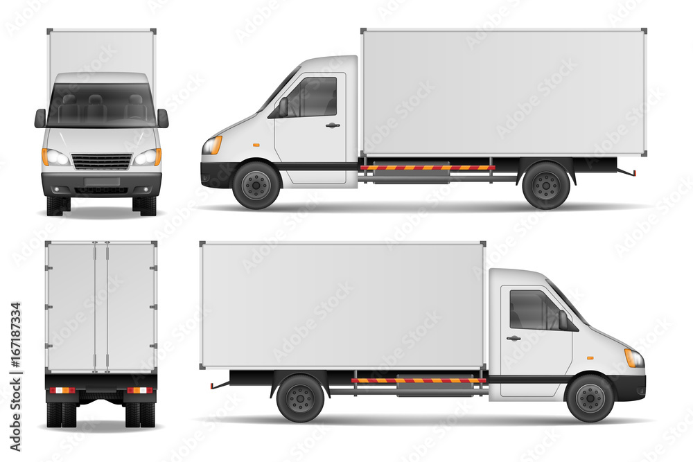 Cargo van isolated on white. City commercial delivery truck template. White vehicle mockup. vector illustration