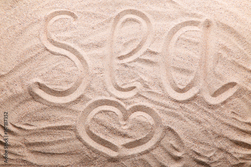 Word Sea written on beach sand