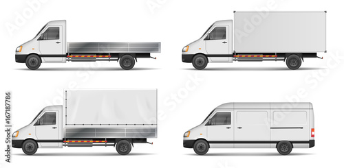 Set of realistic white cargo vehicles. vector illustration with heavy truck, trailer, lorry, Mini bus, delivery van isolated. Side view mockup.