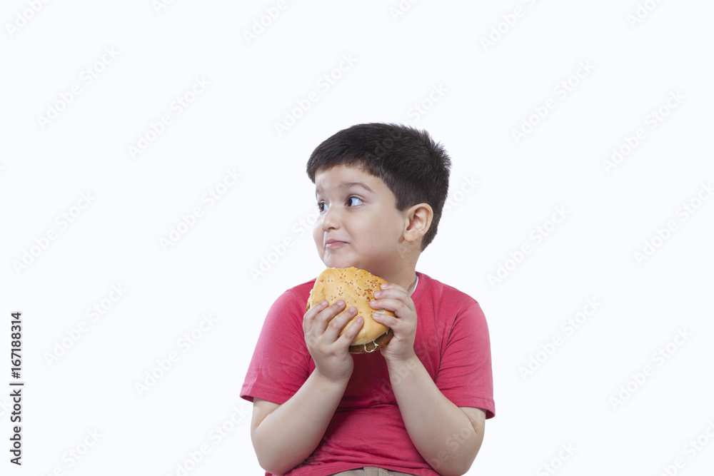 Boy looking away while eating burger against white background Boy looking away while eating burger against white background
