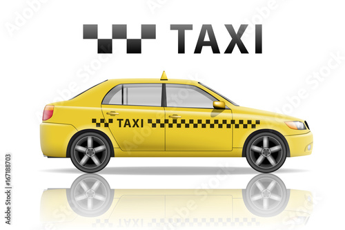 Yellow taxi cab isolated on white background. Realistic city taxi mockup. Vector illustration