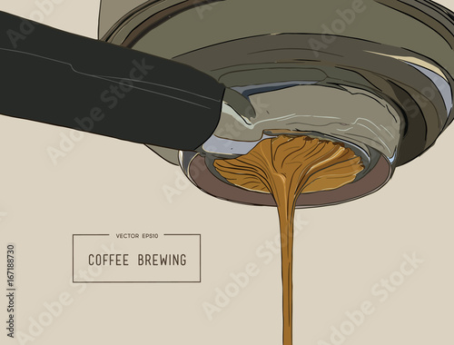 Close-up of espresso pouring from coffee machine. Professional coffee brewing sketch vector.