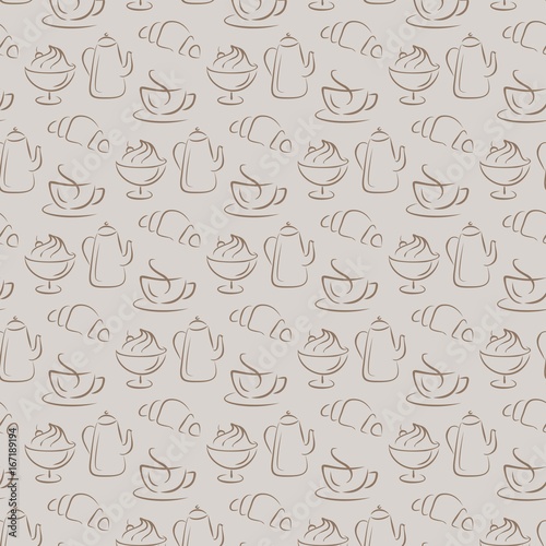 Seamless pattern with coffee and croissant. Coffee background