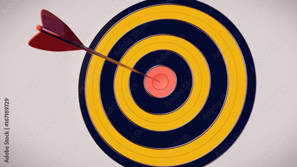 Red dart arrow hitting in the target center of dartboard Red dart arrow hitting in the target center of dartboard