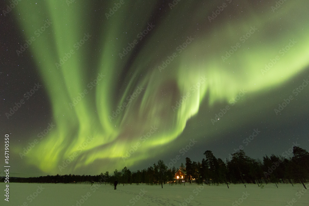 Night shot of northern lights in frozen winter country