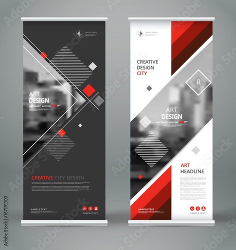 Abstract blurb font. Patch brochure cover design, roll up info banner frame, ad flyer text or title sheet model set. Hi tech vector front page. Brand flag with city art board. Red triangle figure icon