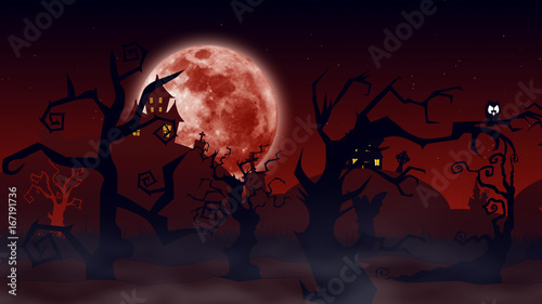 Halloween background. Spooky forest with dead trees and bats photo