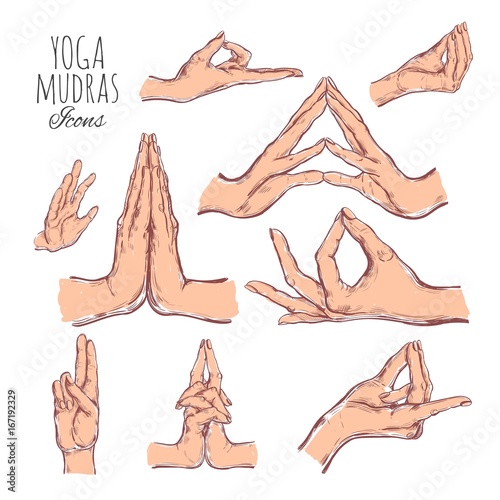 Vector hand drawn set of mudras. Isolated on white. Yoga. Spirituality. Colorful