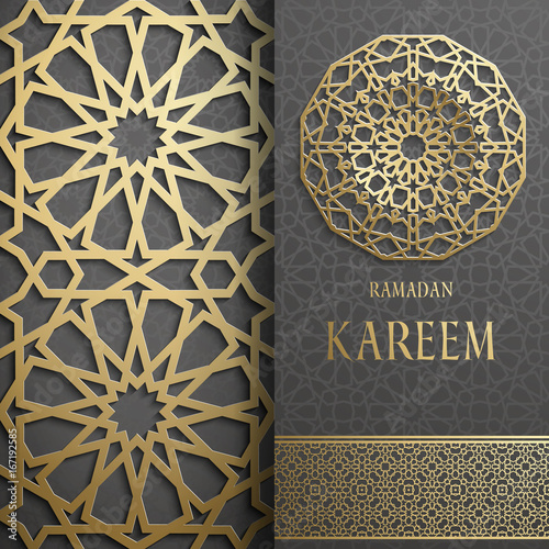 3d Ramadan Kareem greeting card,invitation islamic style.Arabic circle golden pattern.Gold ornament on black,islamic brochure