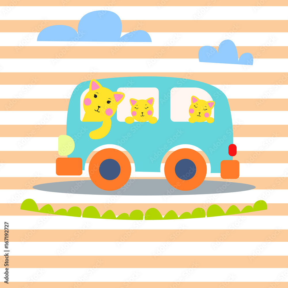 Cat family in hipster van vector illustration for kid apparel tee print. Cat family in hipster van vector illustration for kid apparel tee print.