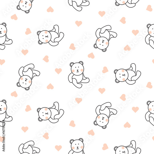 Teddy bear plush seamless vector pattern. Cute kid pajamas white texture with toy bear and heart shapes.