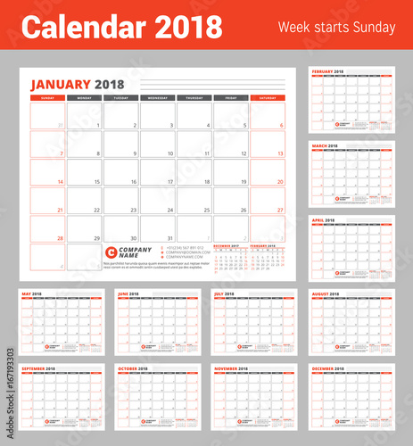 Calendar Planner Template for 2018 year. Business Planner Template. Stationery Design. Week starts on Sunday. Vector Illustration