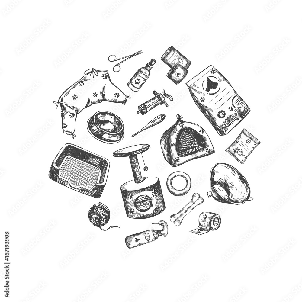 Pet shop. Vector Hand drawn collection. Isolated objects on white. Sketch style Pet shop. Vector Hand drawn collection. Isolated objects on white. Sketch style