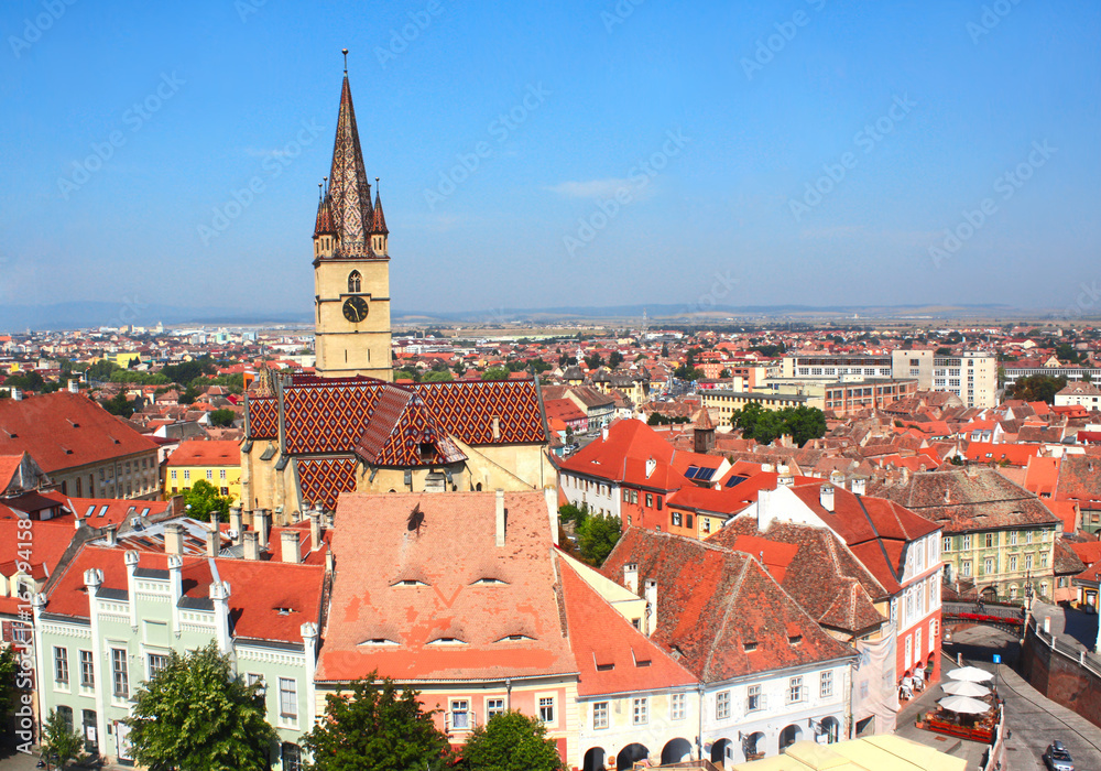 Lutheran cathedral tower, Bridge of Lies and Small Square, Sibiu, Romania