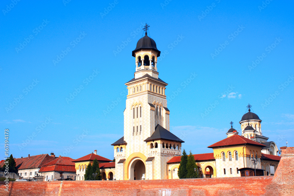 Coronation Orthodox Cathedral tower and Alba Carolina Fortress, Alba Iulia, Romania