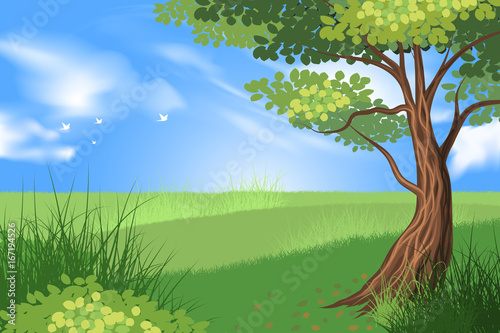 Beautiful tree and green grass scene vector nature landscape background