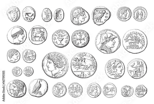 Ancient coins collection (roman and greek) - vintage illustration