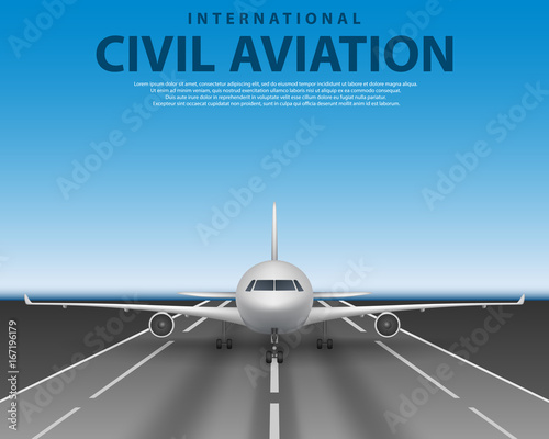 Civil passenger airliner jet on runway. Commercial realistic airplane concept front view. Plane in blue sky, travel agency advertisement poster design