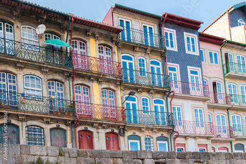  Porto in Portugal, typical houses on the river Douro, colored buildings 