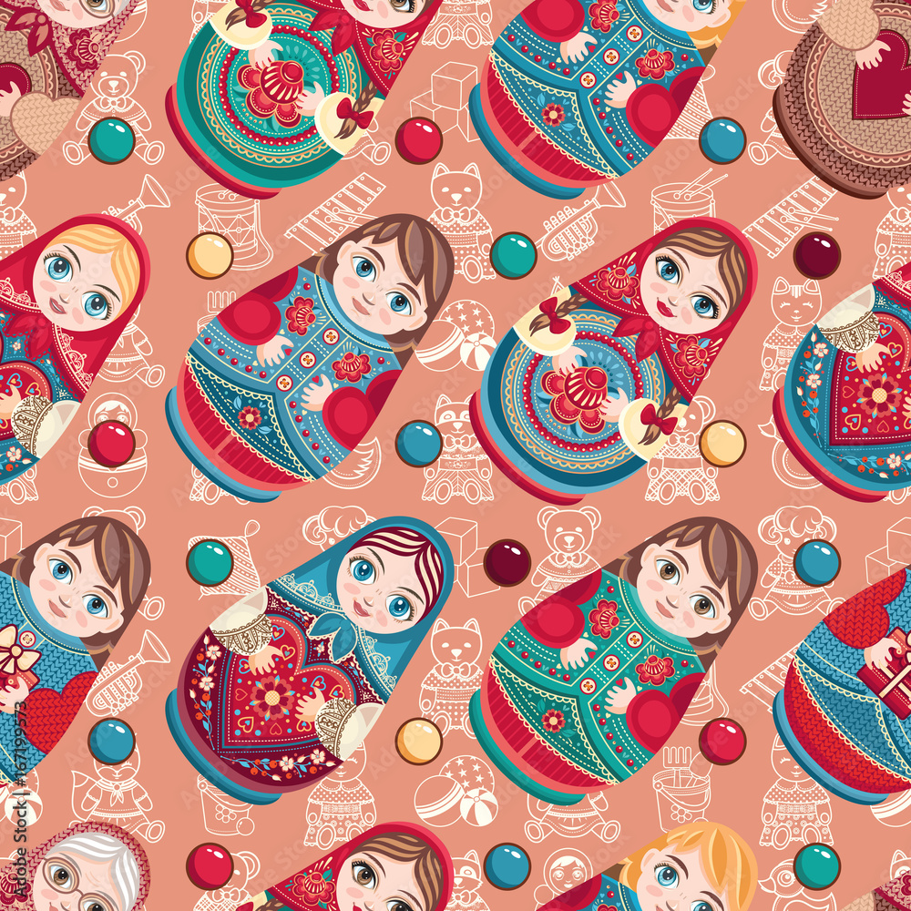 Naklejka premium Russian souvenir. Matryoshka - babushka doll. Seamless pattern. Vector