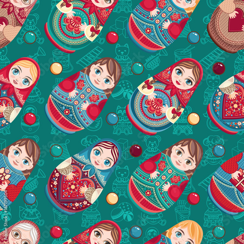 Russian souvenir. Matryoshka - babushka doll. Seamless pattern. Vector