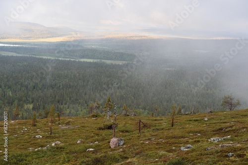 Morning landscape in Lapland, misty mountains, Pallastunturi, Taivaskero