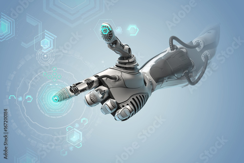 Robotic bionic arm manipulating digital interface pointing symbol with index finger