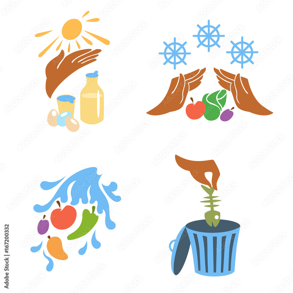 Principles of food hygiene set two / Solid fill icon set about food