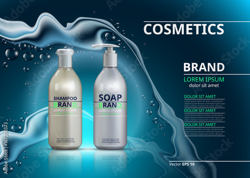 Shampoo and soap realistic bottles. Mockup 3D illustration. Cosmetic package ads template. Water effect Sparkling background