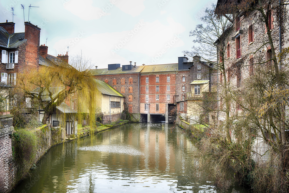Watermill in Rennes France with typical french architecture