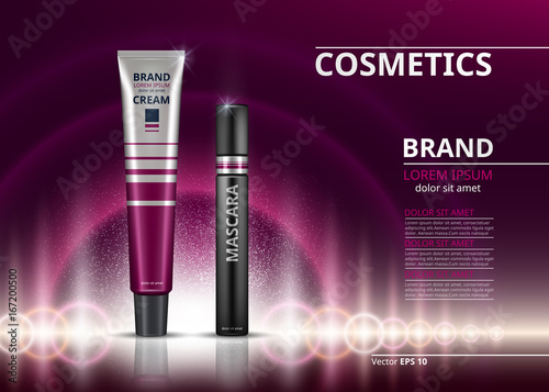 Mascara and eye cream for dark circles. sparkling effects background. Elegant...