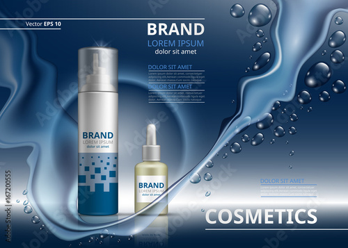 Cosmetic package ads template. Shampoo or gel and oil bottles. Mockup 3D Realistic illustration. Sparkling water drops background