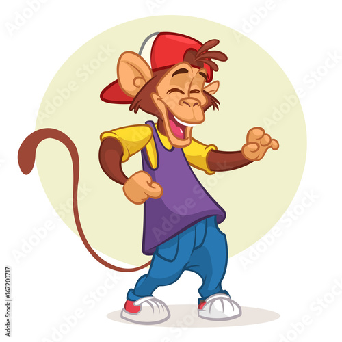 Cool pretty monkey dancing in modern clothes. Vector flat cartoon illustration. Chimpanzee mascot