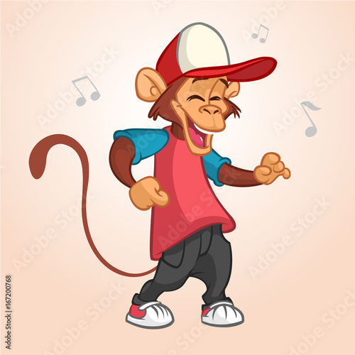 Cool monkey rapper character in modern clothes. Vector flat cartoon illustration. Chimpanzee dancing outlined 