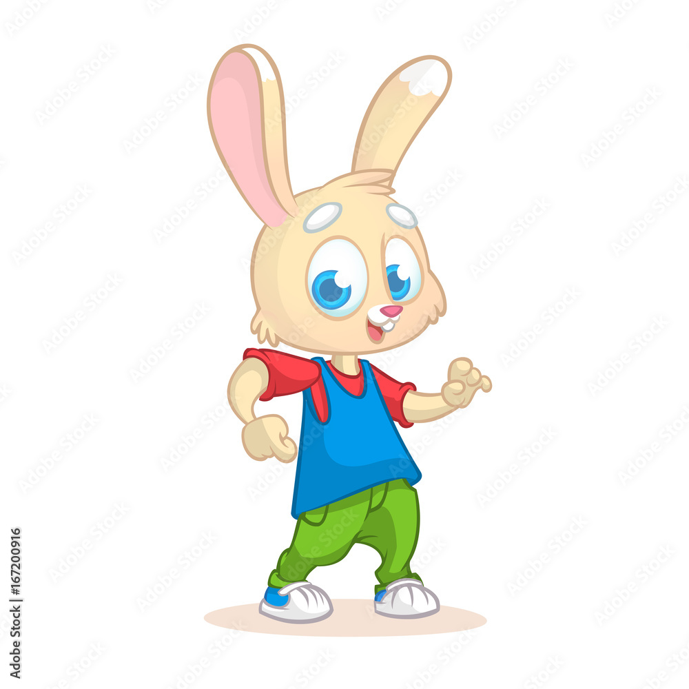 Fototapeta premium Cartoon rabbit dancing. Vector illustration of happy cartoon rabbit dancing disco or hip-hop. Design for mascot, poster or icon.