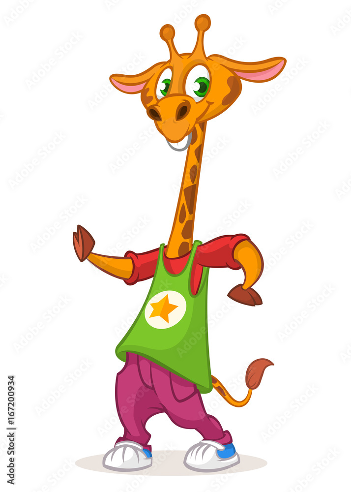 Naklejka premium Cartoon giraffe dancing. Vector illustration of happy giraffe dancing disco or hip-hop. Design for mascot, poster or icon