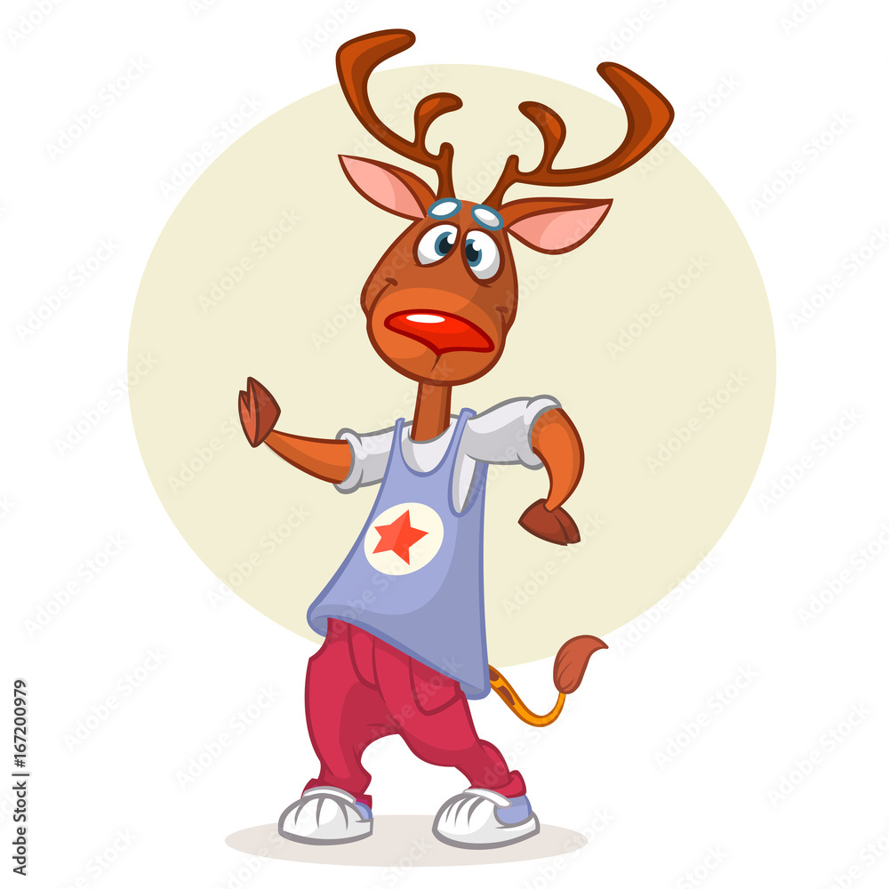 Cartoon deer dancing. Vector illustration of happy reindeer dancing disco or hip-hop. Design for mascot, poster or icon Cartoon deer dancing. Vector illustration of happy reindeer dancing disco or hip-hop. Design for mascot, poster or icon