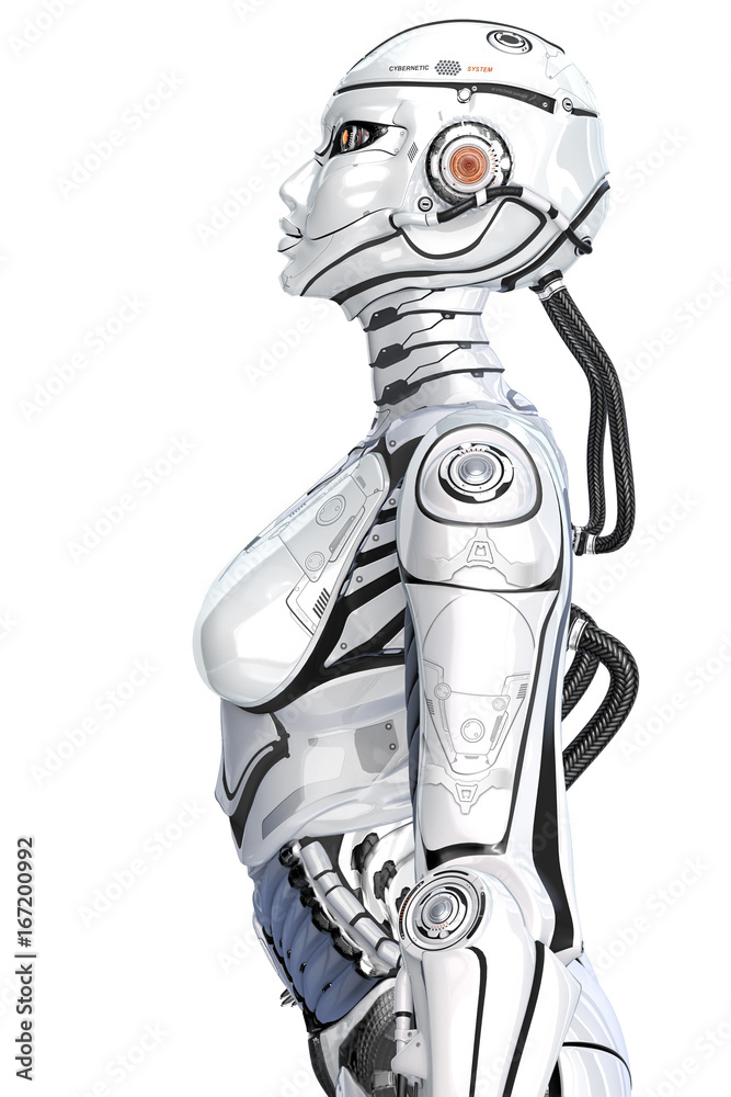 A female high detailed robot with internal cyber technology, side view  isolated on white background. Stock Photo | Adobe Stock