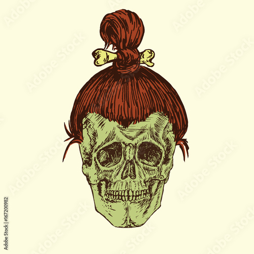 Skull with hairstyle of ancient brunette man with a bone, hand drawn doodle, sketch in woodcut style, color vector illustration