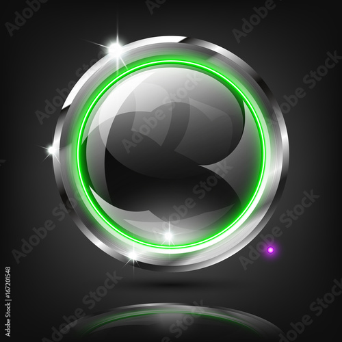 Monochrome button with green ring light on dark background.