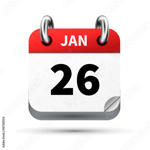 Bright realistic icon of calendar with 26 january date isolated on white