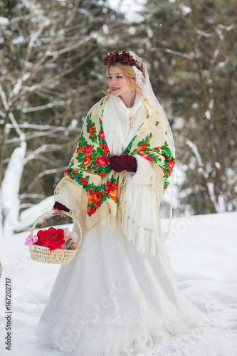 bride in red scarf Russian style