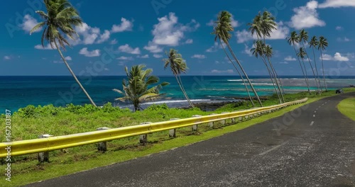 Coastal road lined with palm trees, overlooking tropical ocean, Samoa photo