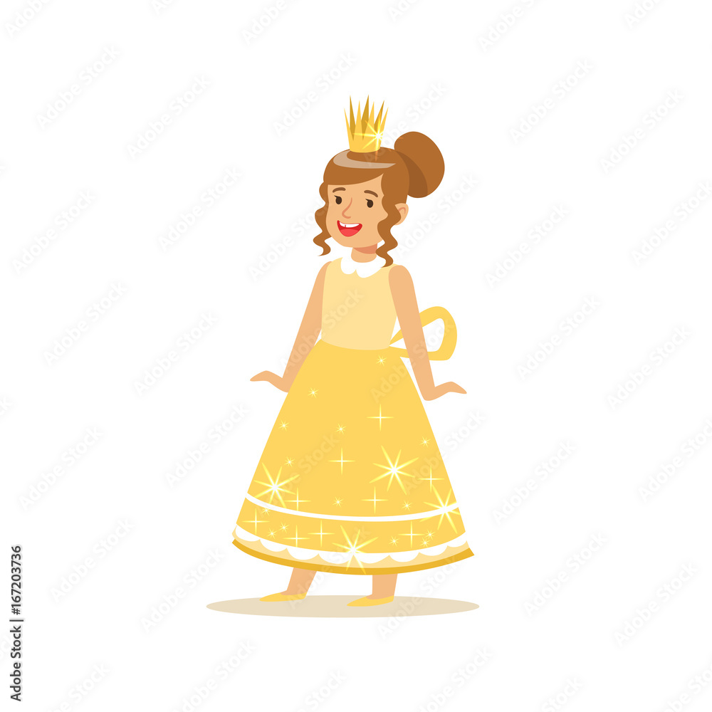 Beautifull little girl princess in a gold ball dress and golden tiara, fairytale costume for party or holiday vector Illustration Beautifull little girl princess in a gold ball dress and golden tiara, fairytale costume for party or holiday vector Illustration