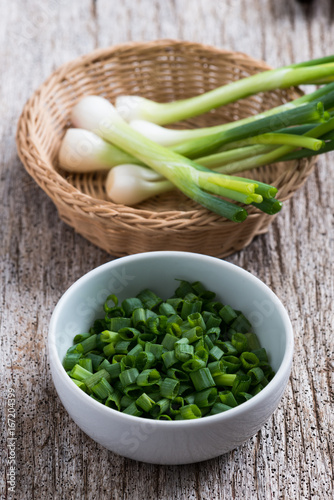 Chopped spring onions in white bowl